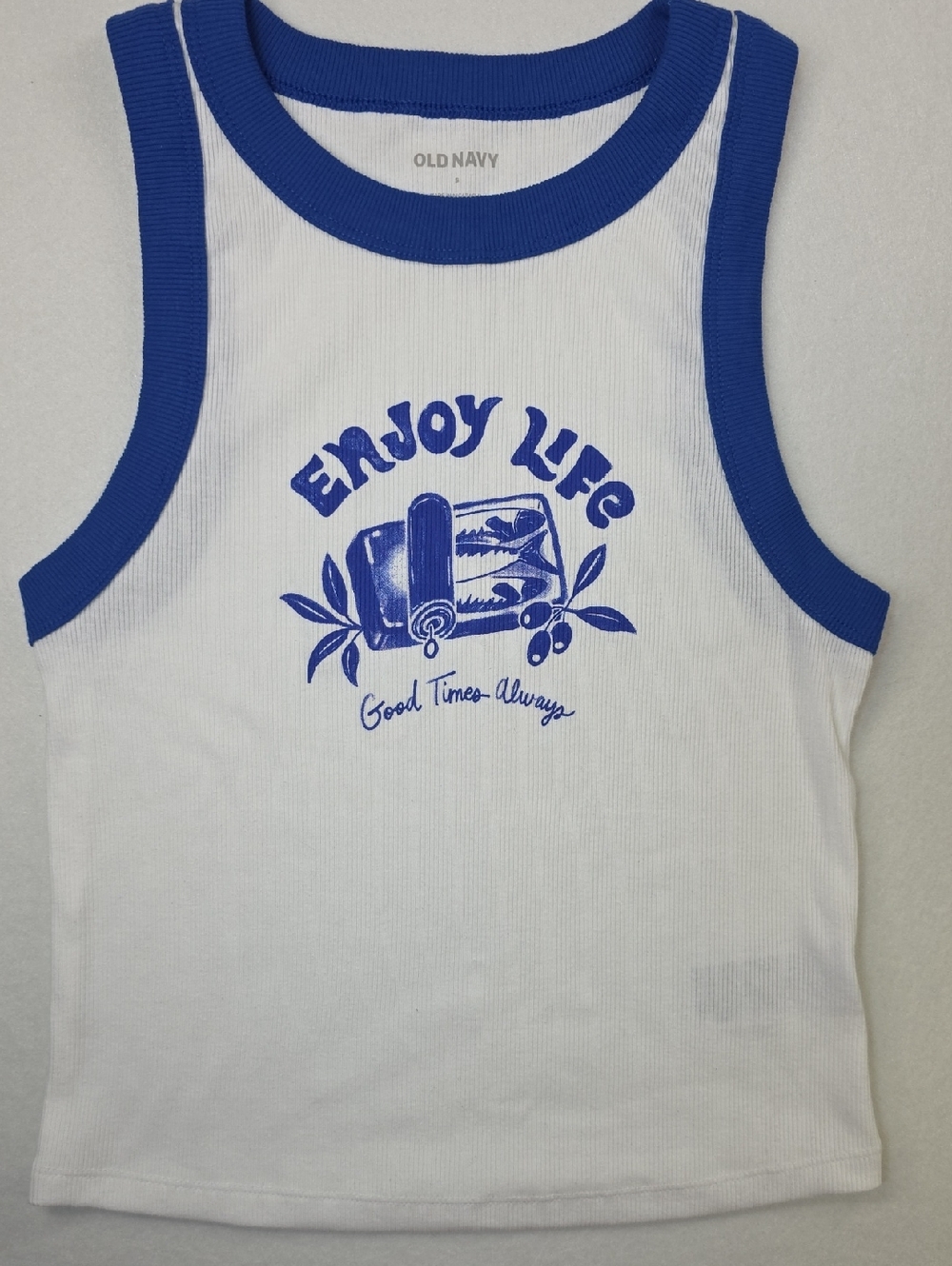 Old Navy White & Blue Enjoy Life Graphic Ribbed Tank Cropped "Good Times Always"